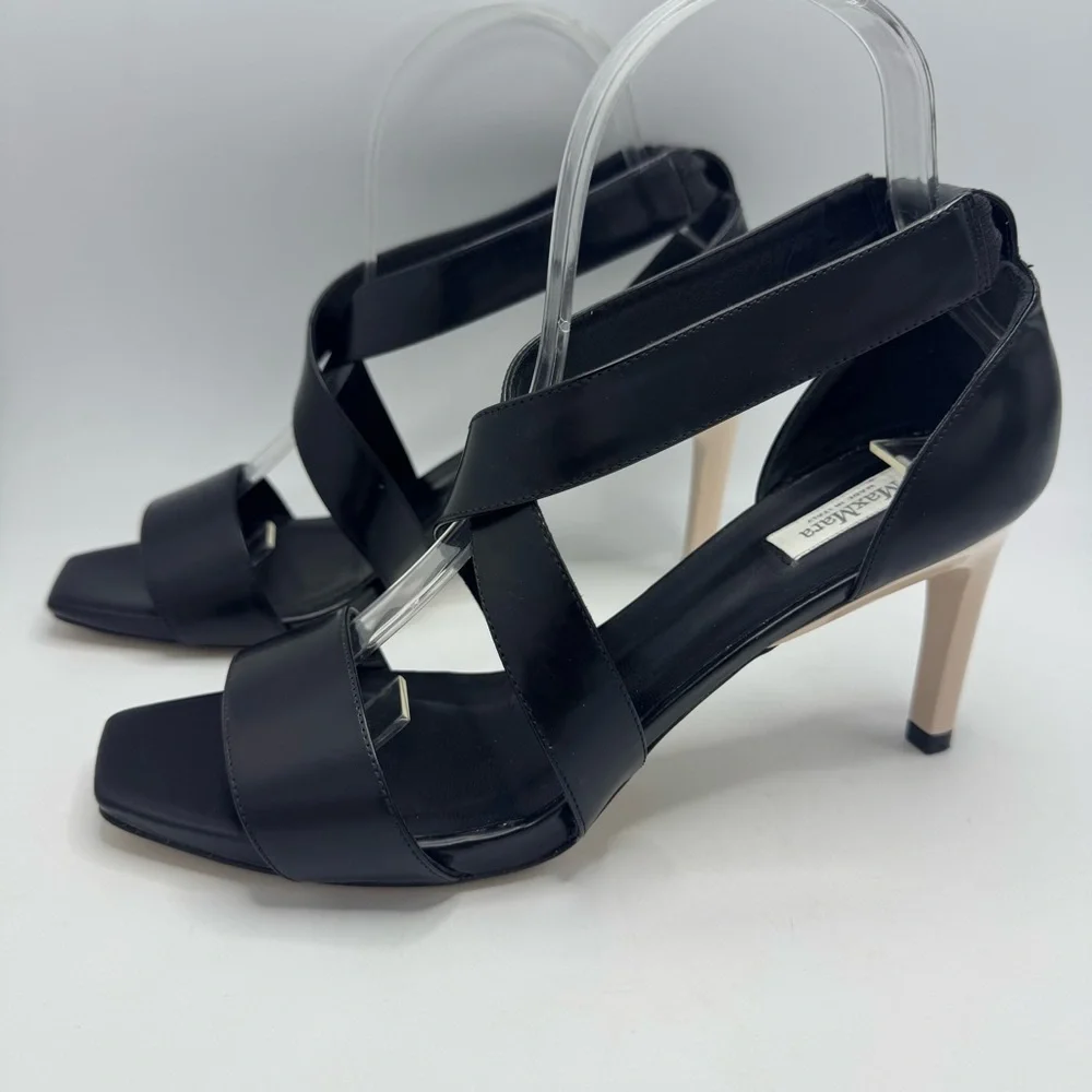 Max Mara Strappy Leather Heeled Square Toe Sandals Black Ivory Size 39